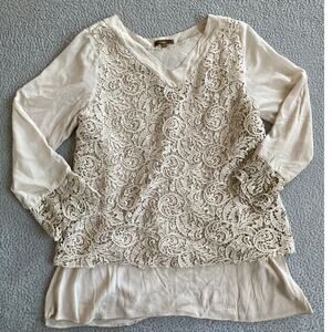 Piazza Roma Top Large Crochet Lace Lined Long Sleeve Cream Boho Beach Shirt
